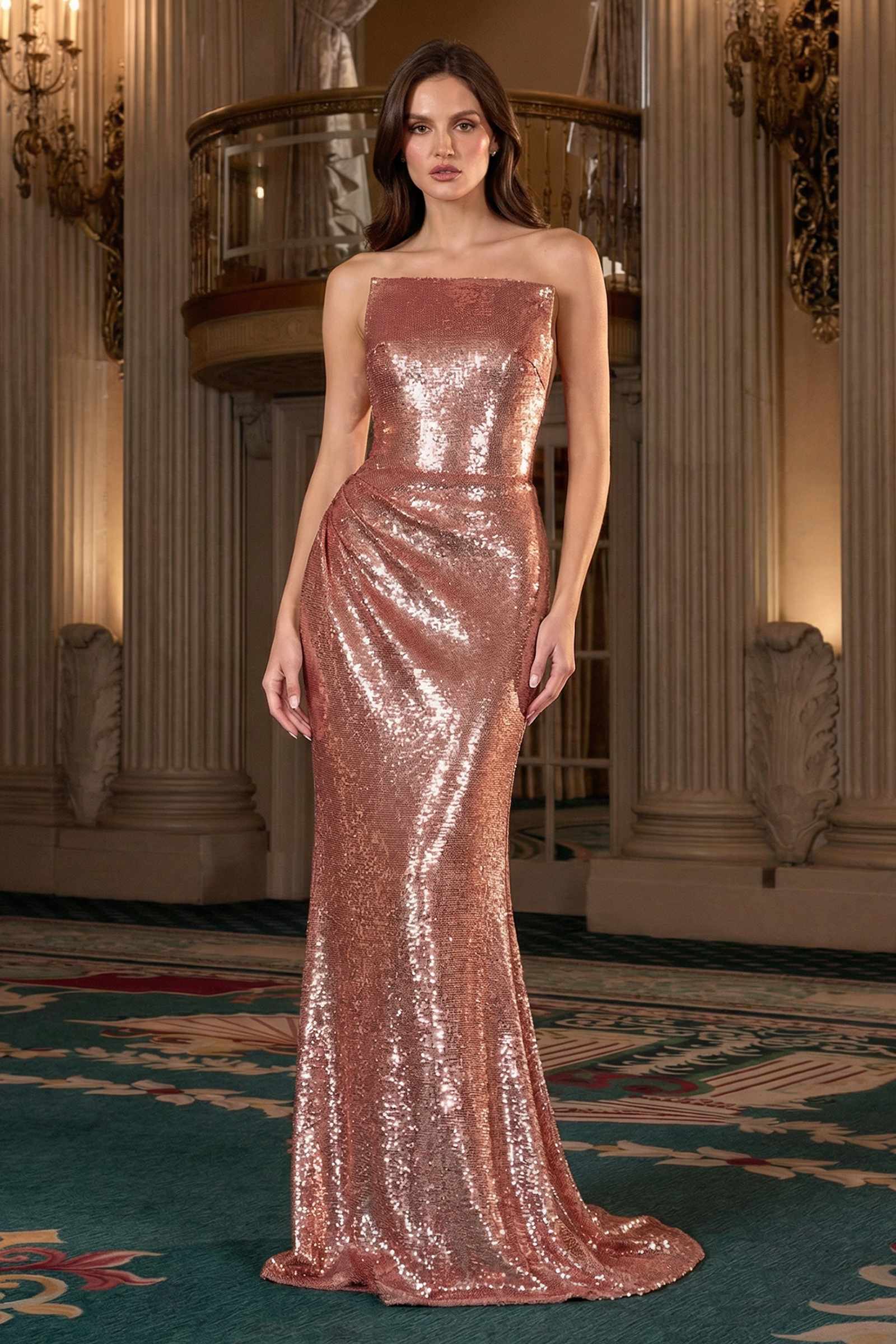 Strapless Sequin Fitted Gown Formal Evening Dress